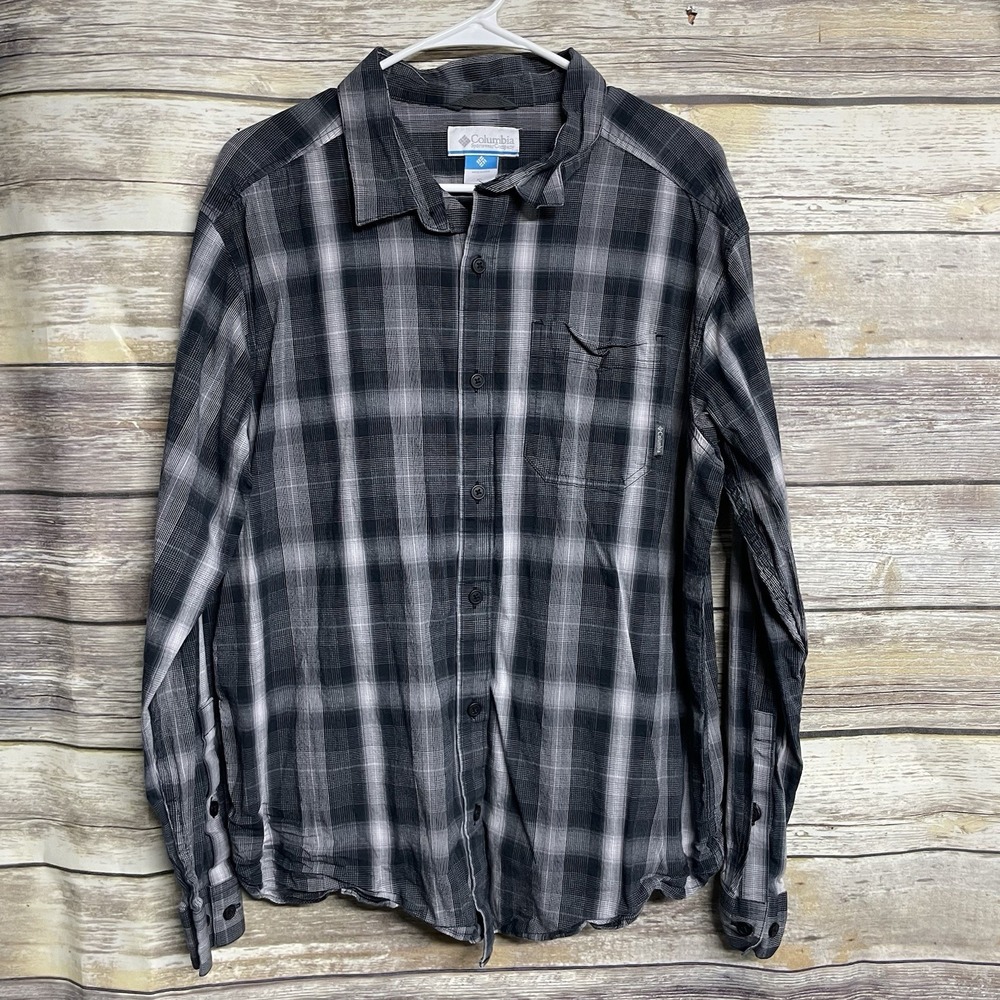 Columbia Shirt Men's XL Grey Plaid Classic Fit Stretch Button Long Sleeve